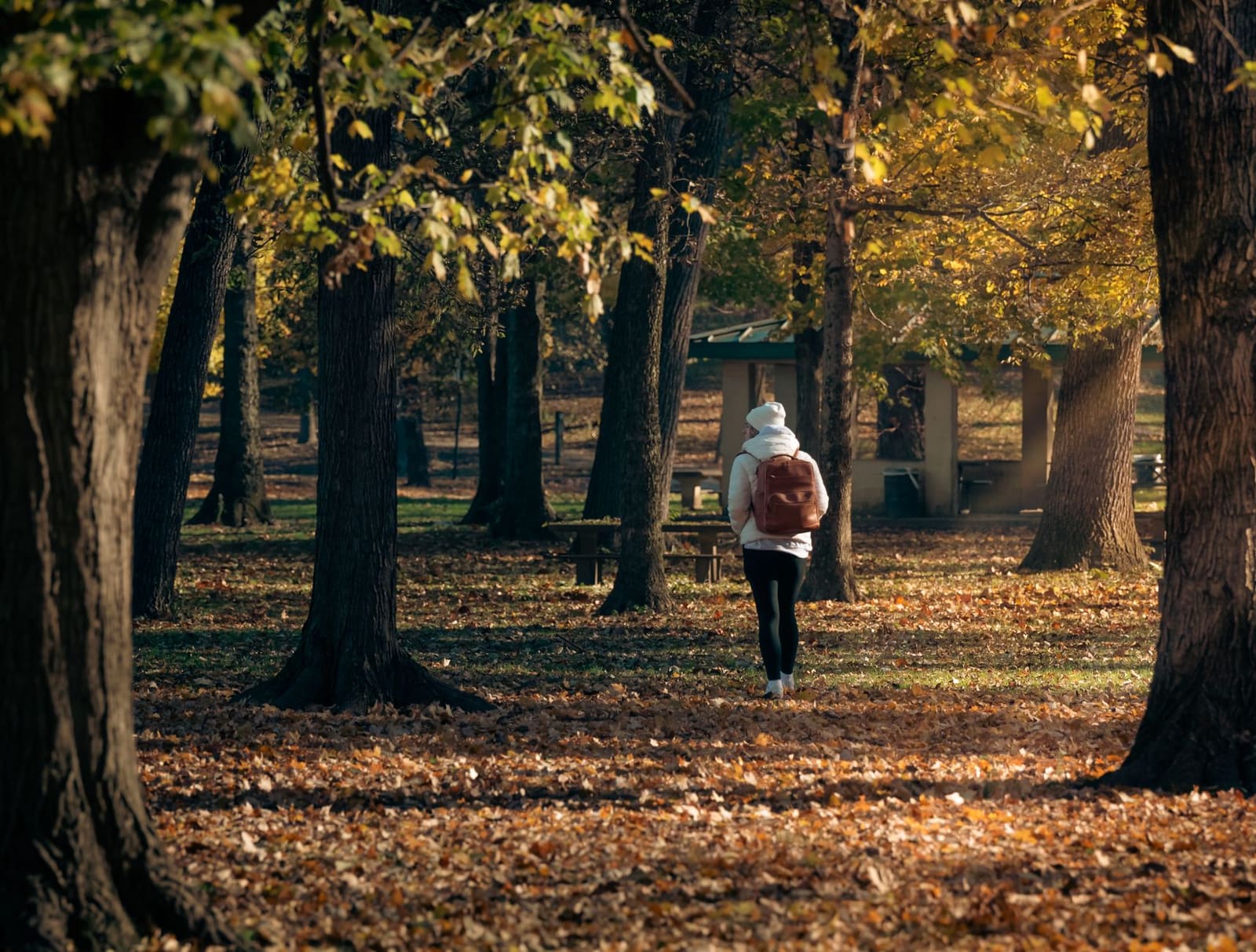 A person in a white jacket and hat walks with a backpack through a sunlit autumn park scattered with leaves